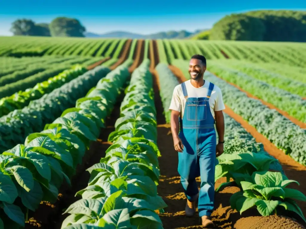 Un agricultor feliz cuida de sus cultivos en una granja orgánica, bajo un cielo azul claro