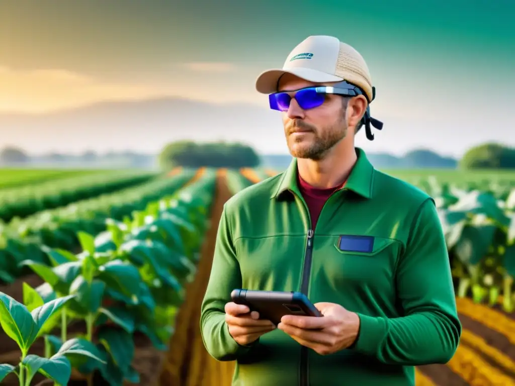 Un agricultor con gafas inteligentes analiza datos de suelo y cultivos con un dispositivo futurista