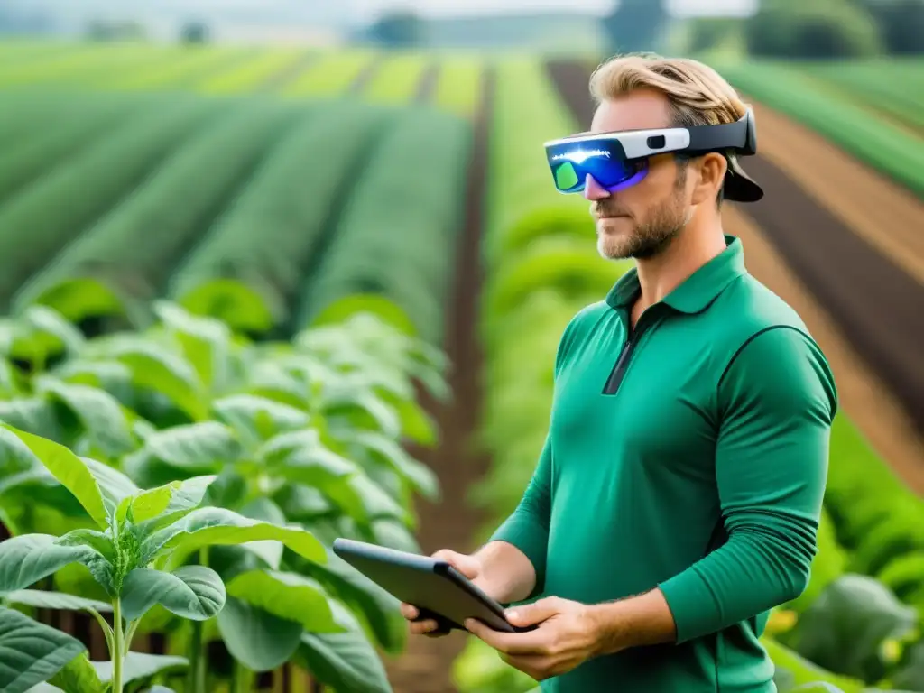 Un agricultor con gafas de realidad aumentada examina cultivos en una granja orgánica