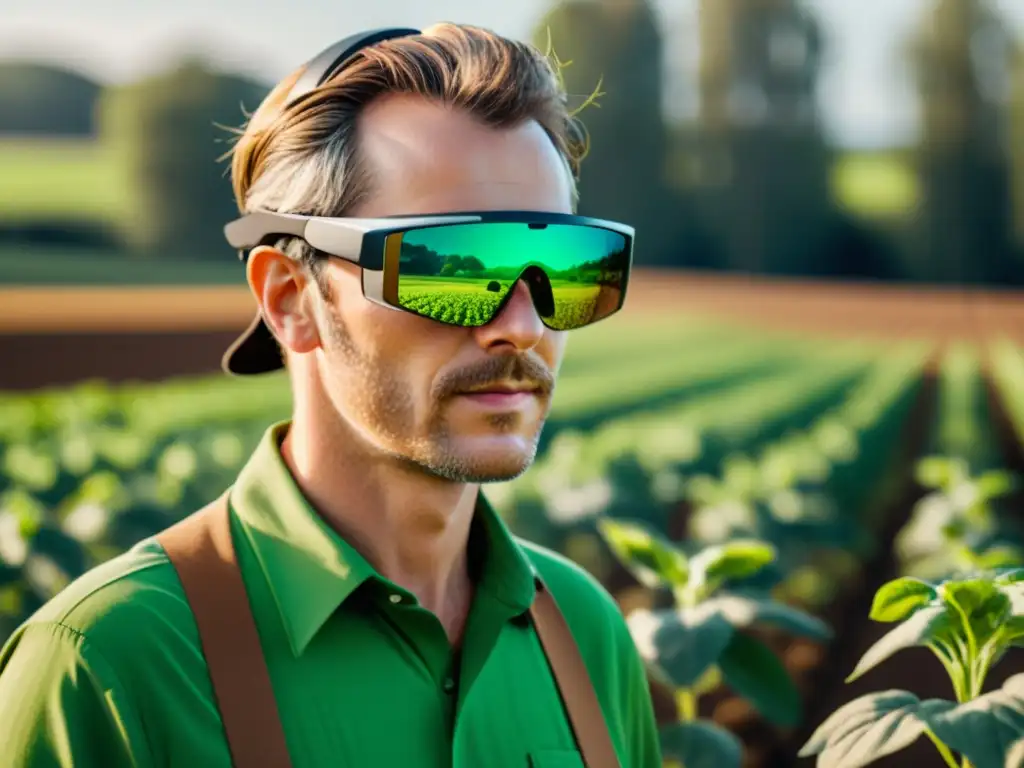 Un agricultor usando gafas de realidad aumentada inspecciona cultivos orgánicos en un campo soleado