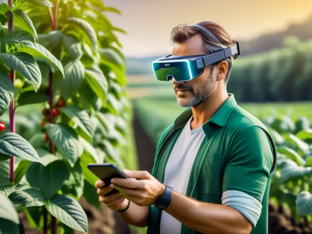 Un agricultor usando gafas de realidad aumentada inspeccionando cultivos orgánicos en un campo soleado, mostrando datos en tiempo real