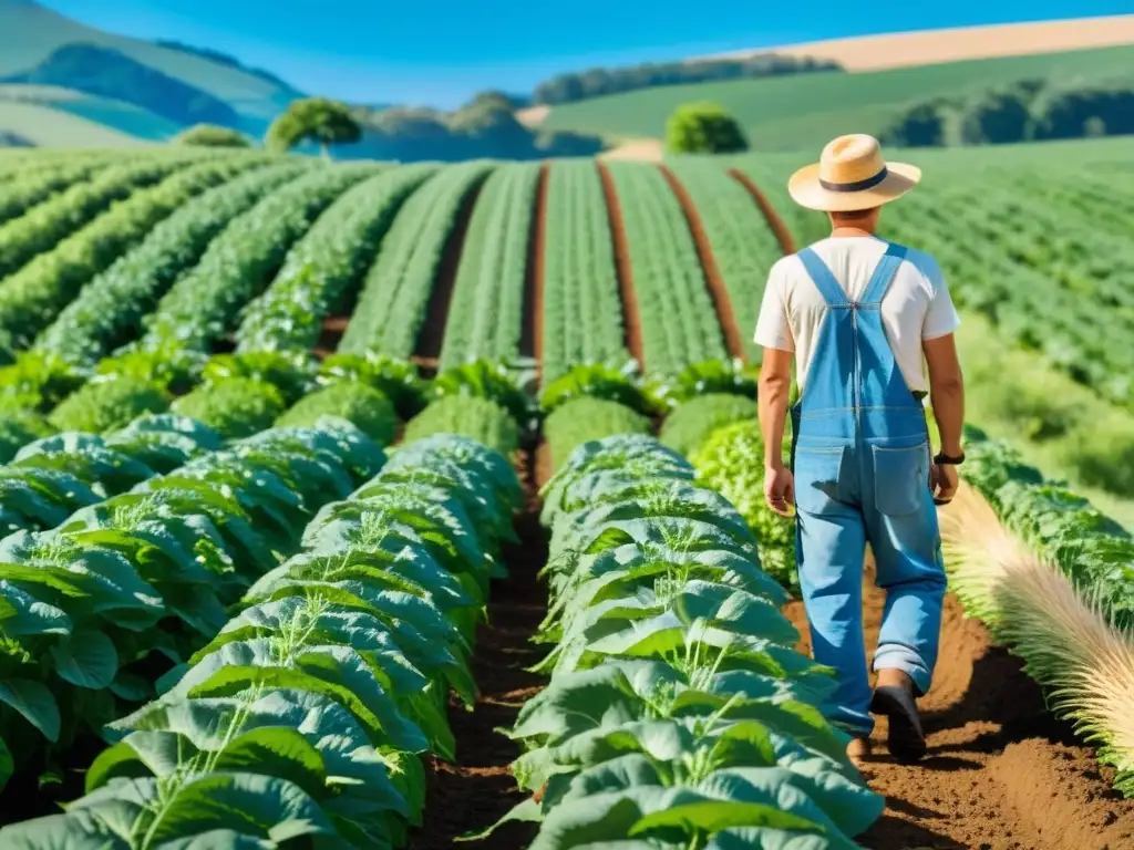 Un agricultor en una granja orgánica bajo el sol, cuidando los cultivos verdes: captura de CO2 en granjas orgánicas