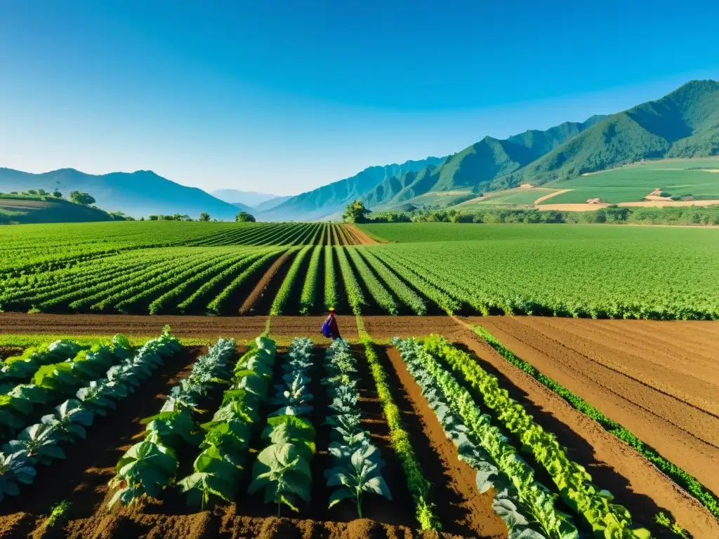 Un agricultor en una granja orgánica sostenible, cuidando los cultivos bajo el sol