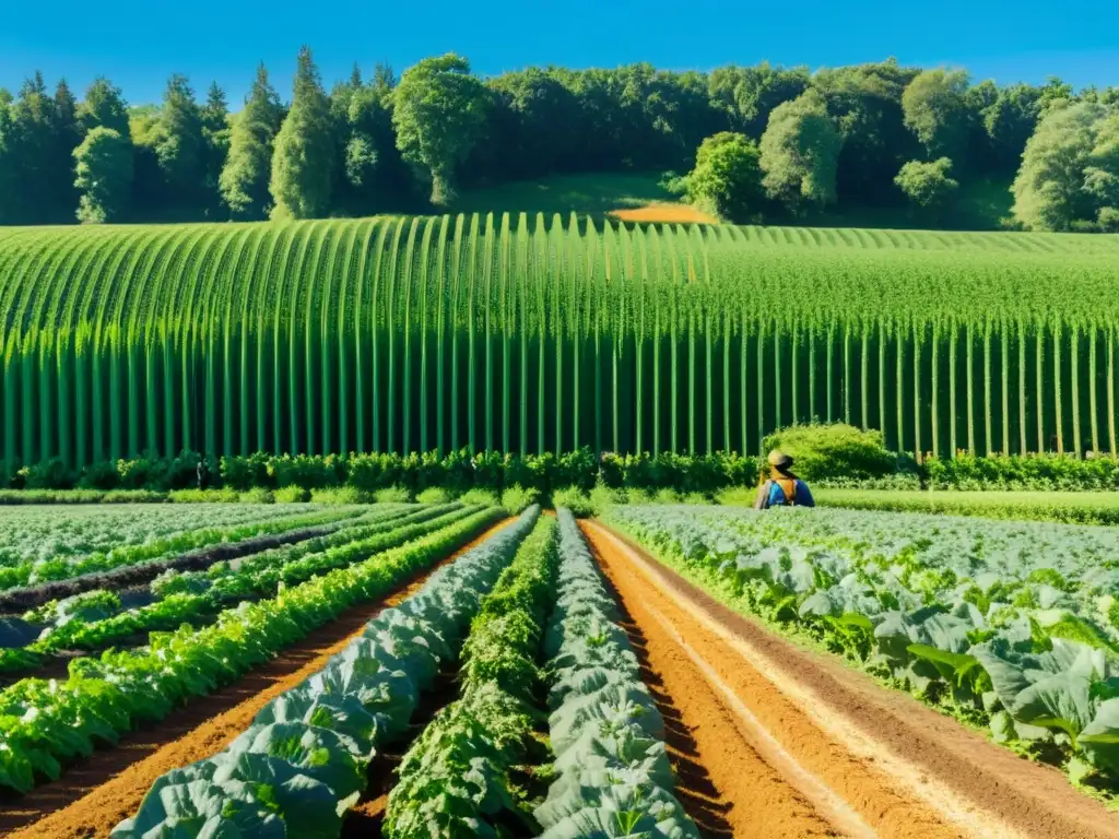 Un agricultor en un huerto orgánico certificado cuida de sus plantas verdes mientras el sol ilumina el paisaje natural y saludable