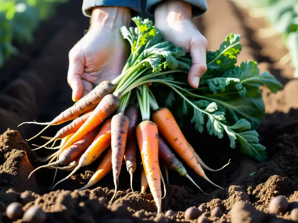 Un agricultor sostiene un manojo de zanahorias orgánicas frescas en un suelo fértil