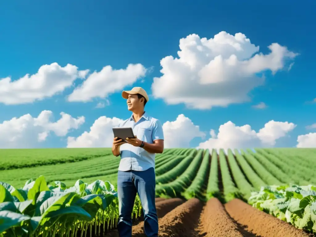 Un agricultor moderno analiza datos en su tableta en un campo verde exuberante