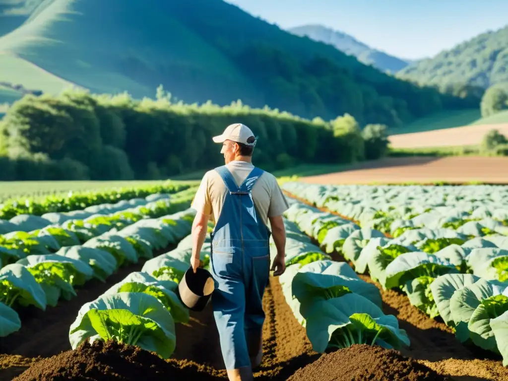 Un agricultor trabaja en un montón de compost en una granja orgánica con técnicas de compostaje, rodeado de campos verdes y colinas