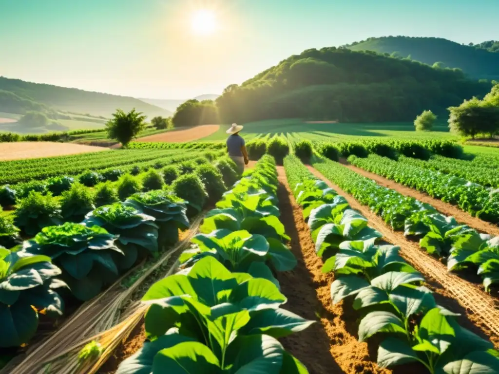 Un agricultor orgánico cuida con dedicación un campo verde y productivo