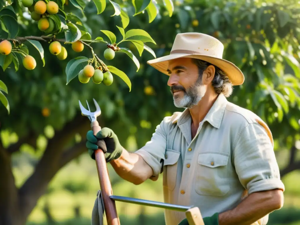 Un agricultor orgánico podando con precisión un árbol frutal