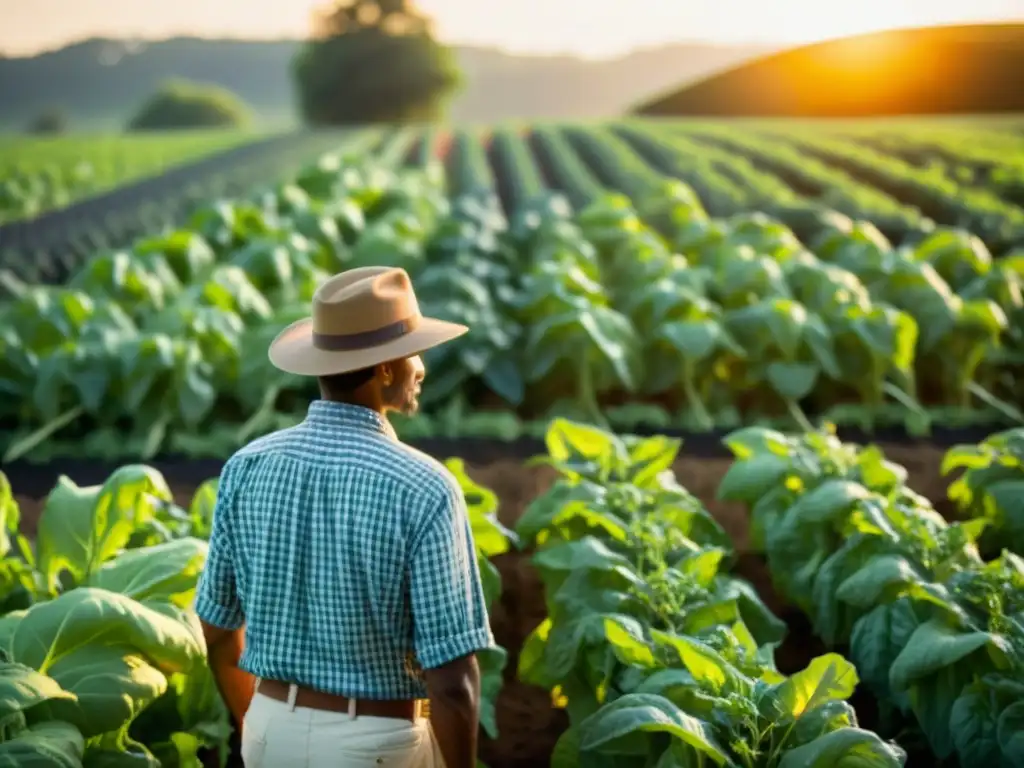 Un agricultor orgulloso en su próspero campo de vegetales orgánicos bajo el cálido sol