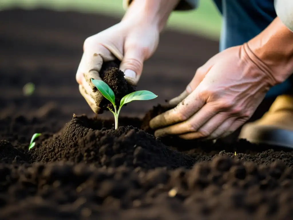 Un agricultor cuidadosamente planta una plántula orgánica en la rica tierra oscura, mostrando principios del Marketing Ético Alimentos Orgánicos