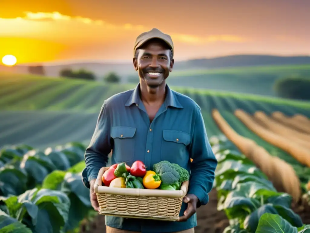 Un agricultor satisfecho sostiene un canasto de productos orgánicos recién cosechados en un campo verde exuberante al atardecer