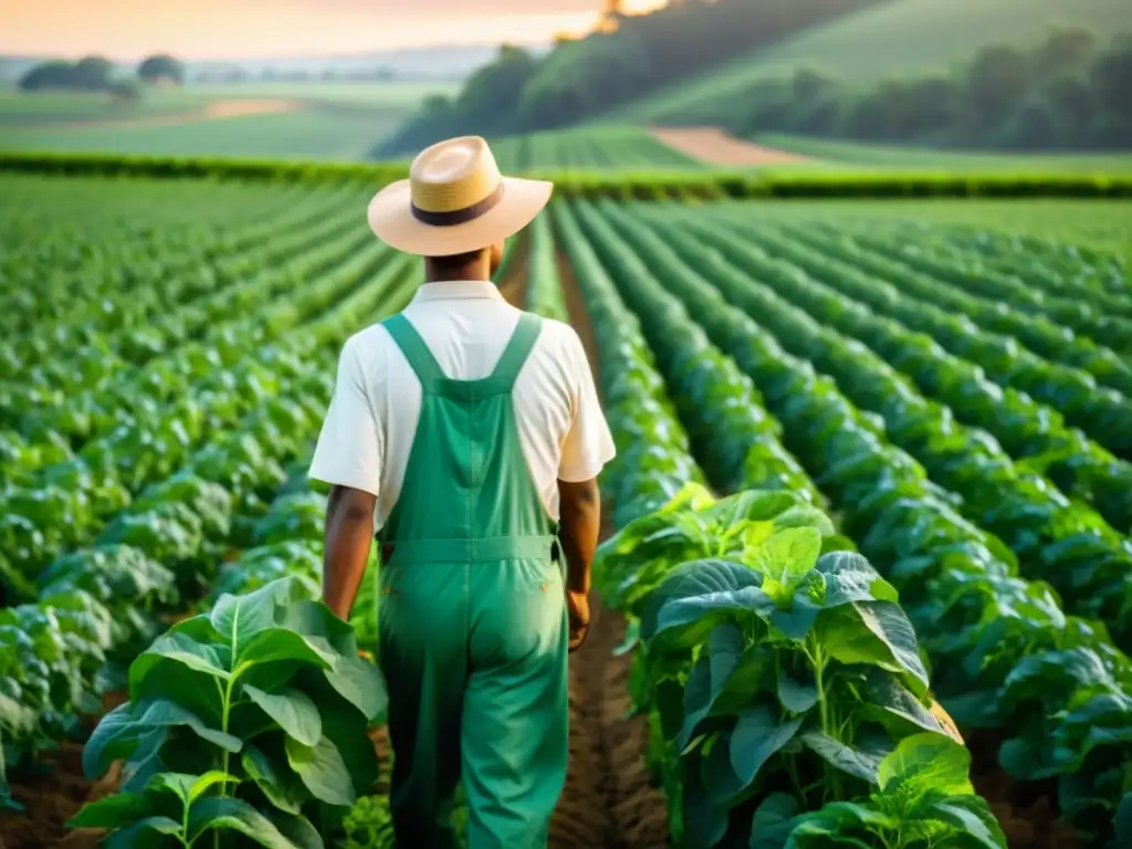 Un agricultor sonriente inspecciona sus cultivos en una granja orgánica, bañada por el cálido resplandor del sol