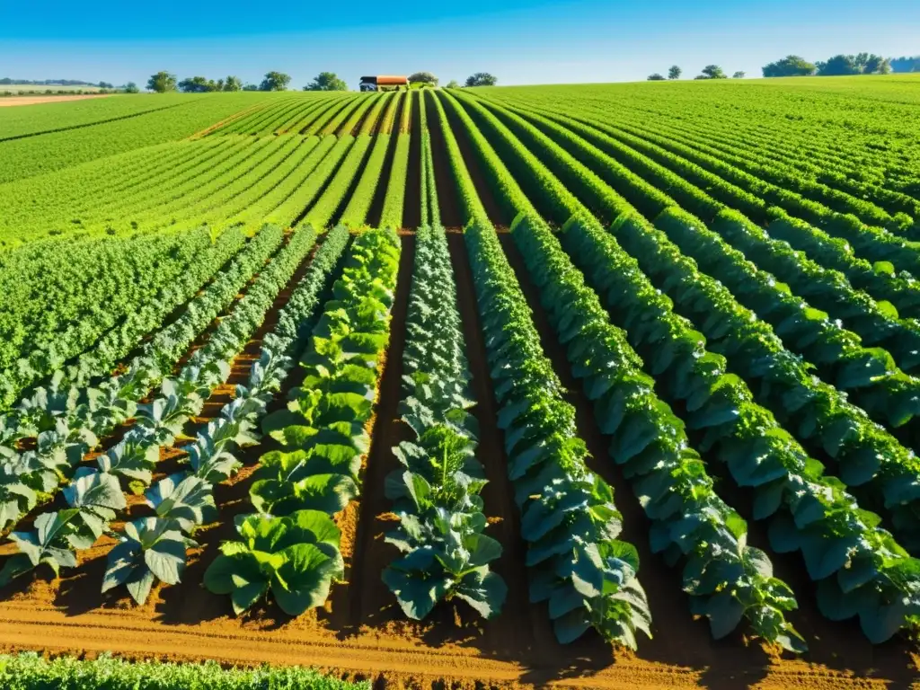 Un agricultor sonriente inspecciona cultivos en una granja orgánica con tecnologías emergentes para la producción de alimentos orgánicos, bañada por el sol y rodeada de naturaleza exuberante