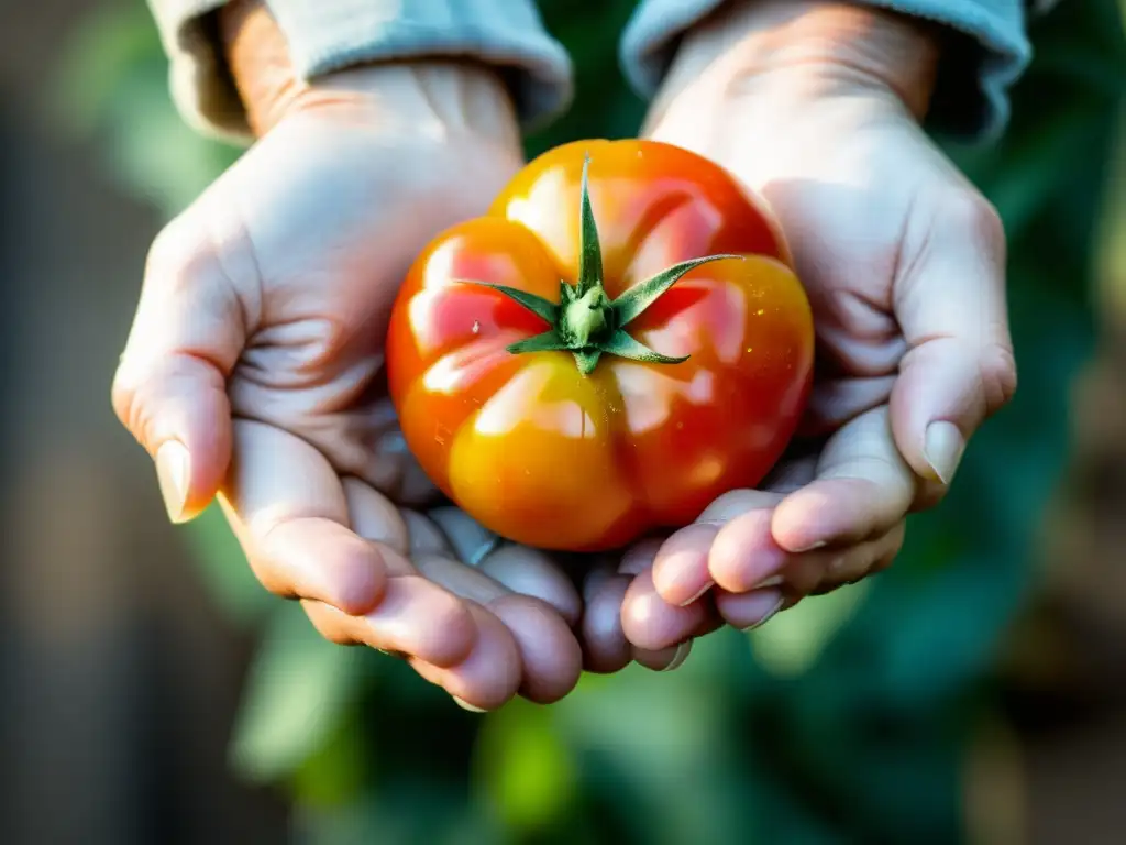 Un agricultor cuidadosamente sostiene un tomate orgánico recién cosechado, mostrando su color vibrante y textura única