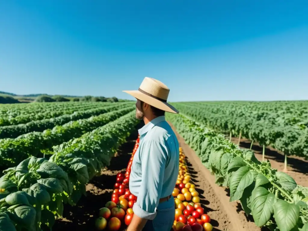 Un agricultor inspecciona tomates maduros en una granja orgánica exuberante