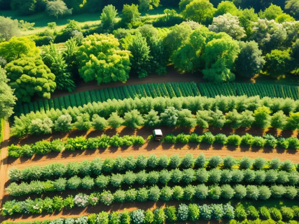 Agricultura con árboles orgánicos en paisaje agroforestal armonioso y sostenible, con cultivos y árboles frutales bajo la suave luz solar