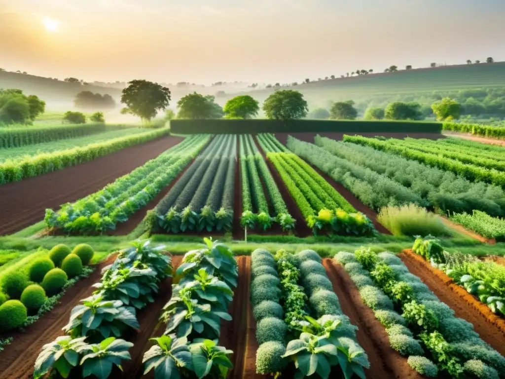 Agricultura con árboles orgánicos: Un paisaje frondoso de árboles frutales y hortalizas, bañado por el sol y exudando armonía y abundancia