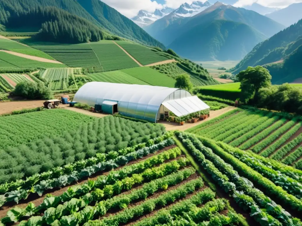Agricultura orgánica en climas adversos: Una granja orgánica próspera y exuberante en medio de un paisaje montañoso nevado y desafiante