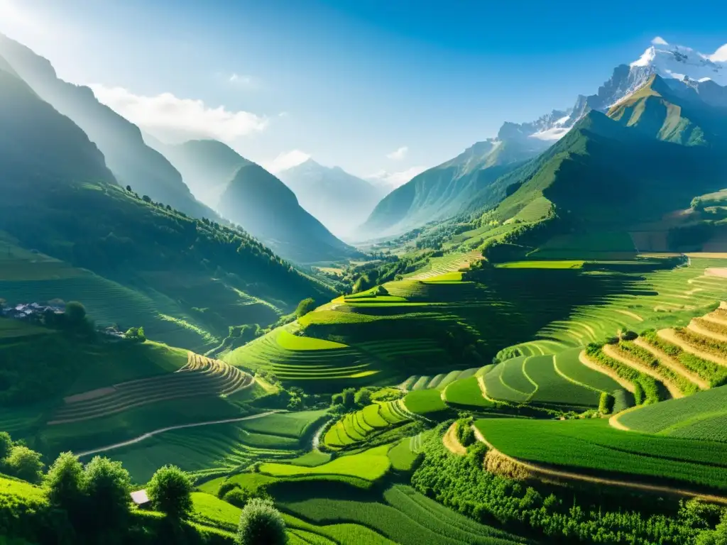 Agricultura orgánica en montañas: Valle montañoso lleno de cultivos verdes, granjas de piedra y picos nevados bajo un cielo azul