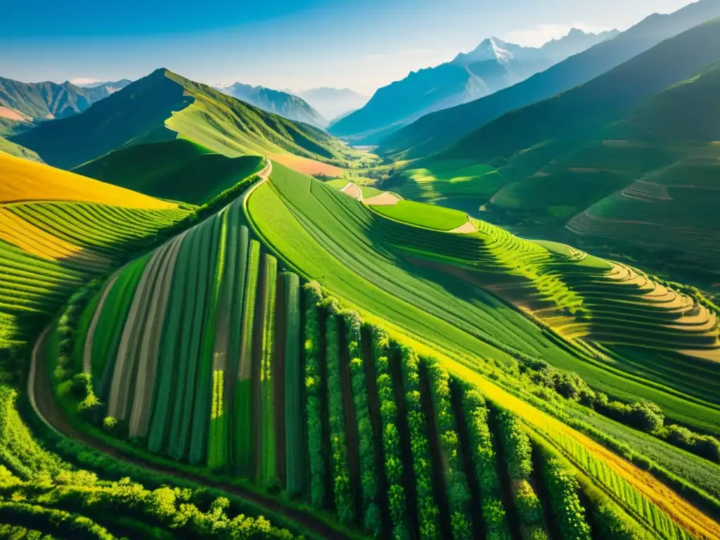 Agricultura orgánica en montañas: terrazas verdes en armonía con la naturaleza montañosa, bañadas por la cálida luz del sol