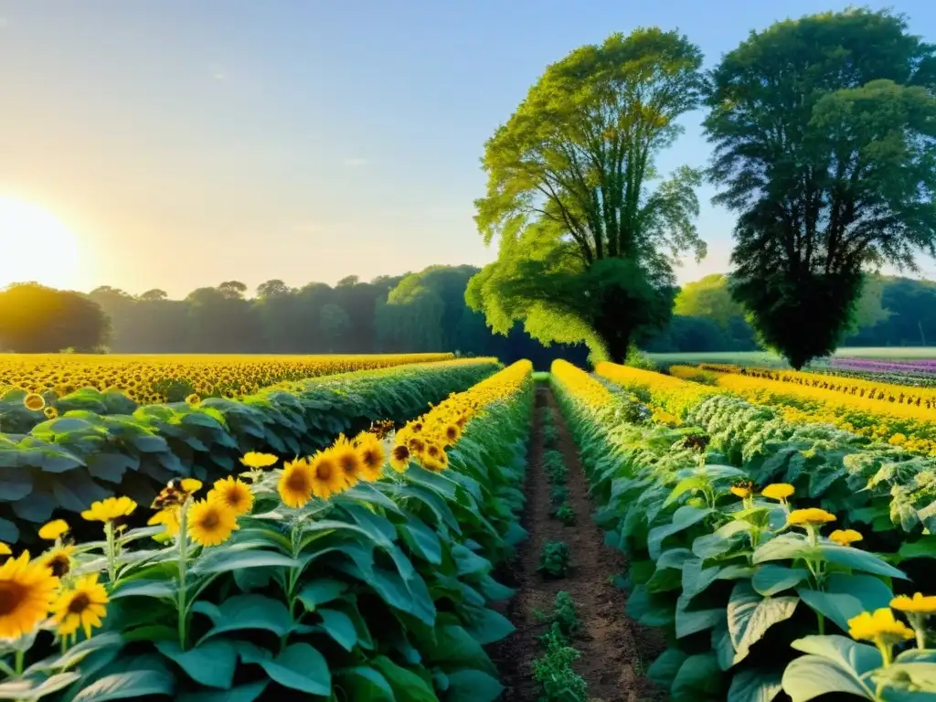 Agricultura orgánica combatir plagas en una granja exuberante con cultivos ordenados, rodeada de flora y fauna, bañada por una cálida luz dorada