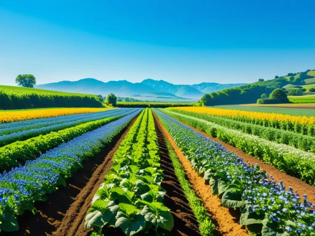 Agricultura orgánica en suelos saludables: granja orgánica bañada por el sol, con cultivos verdes, flores silvestres y un arroyo serpenteante