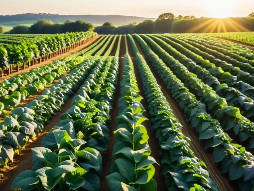 Agricultura orgánica: campo vibrante con cultivos sanos, sol radiante y métodos naturales para combatir plagas