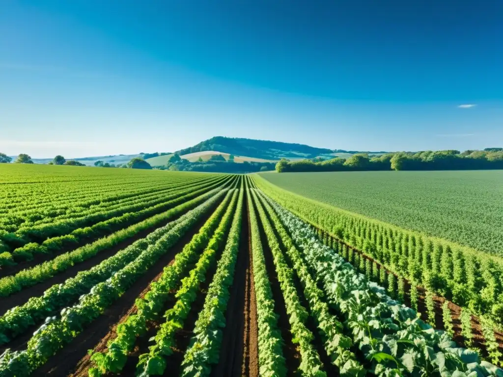 Agricultura regenerativa para suelos: Campo verde con cultivos en filas, bañado por la luz del sol y cielo azul sereno