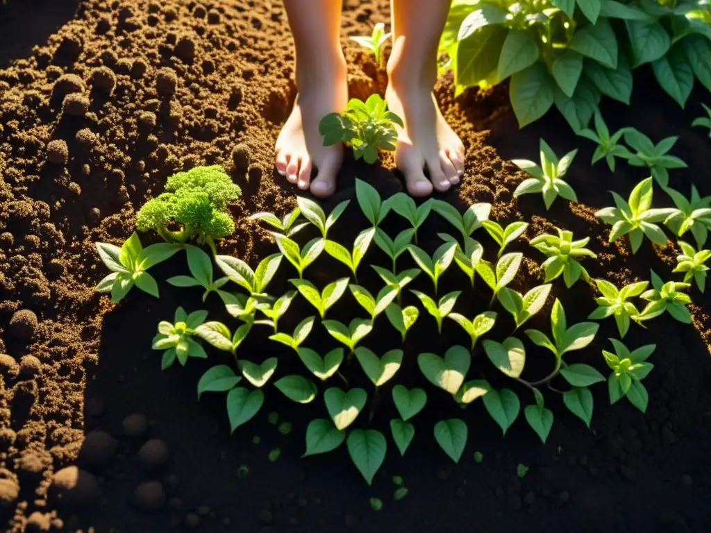 Agricultura regenerativa para suelos: Suelo oscuro y fértil con plantas verdes y raíces intrincadas, iluminado por la luz del sol