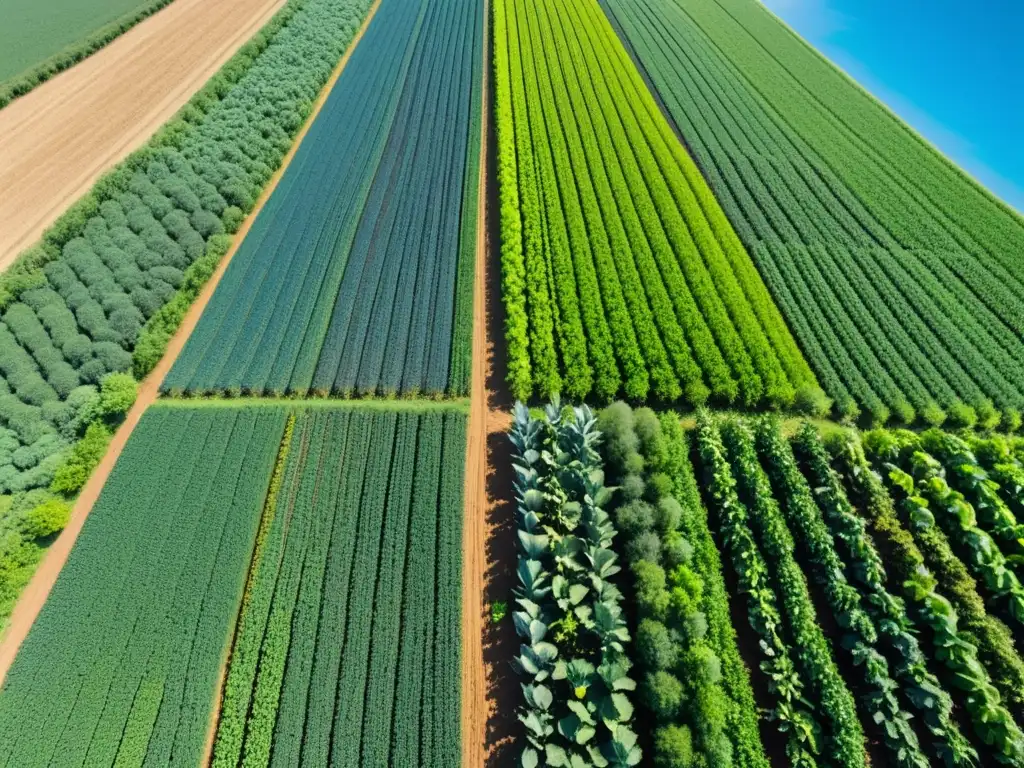 Agricultura regenerativa: vista panorámica de cultivos verdes bajo un cielo azul, transmitiendo abundancia y belleza natural