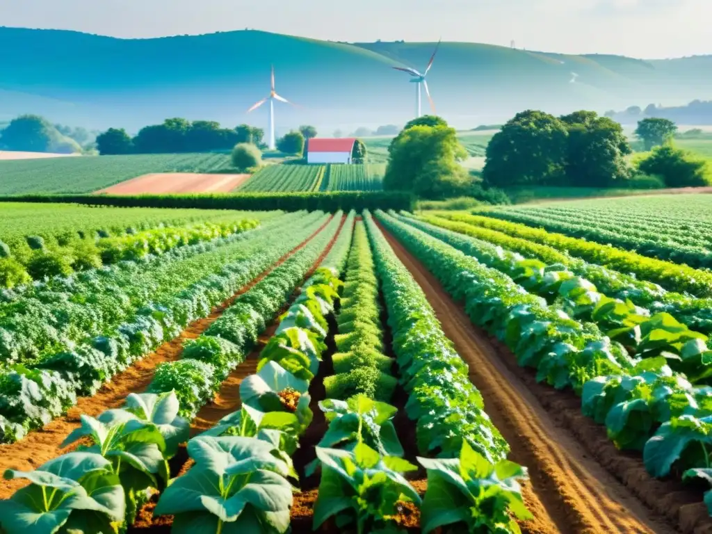 Agricultura de conservación orgánica sostenible: Campo exuberante y vibrante, cultivos saludables en armonía con la naturaleza y la tecnología