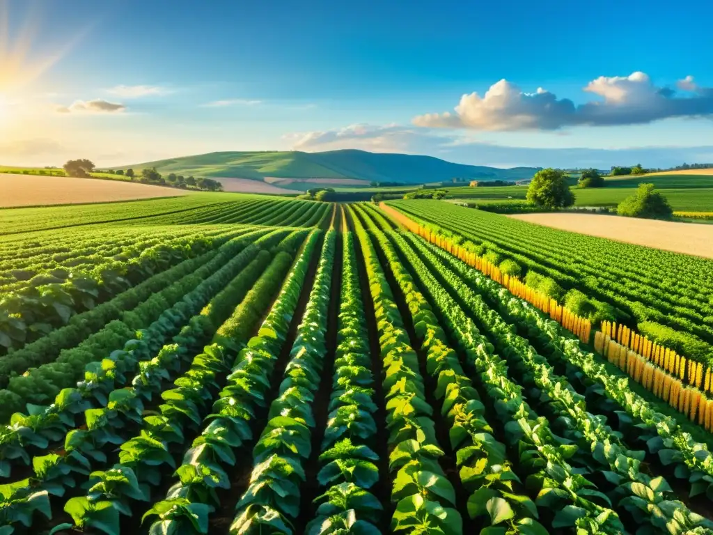 Agricultura de conservación orgánica sostenible: Una granja orgánica exuberante, con campos verdes y radiante sol, transmite armonía con la naturaleza