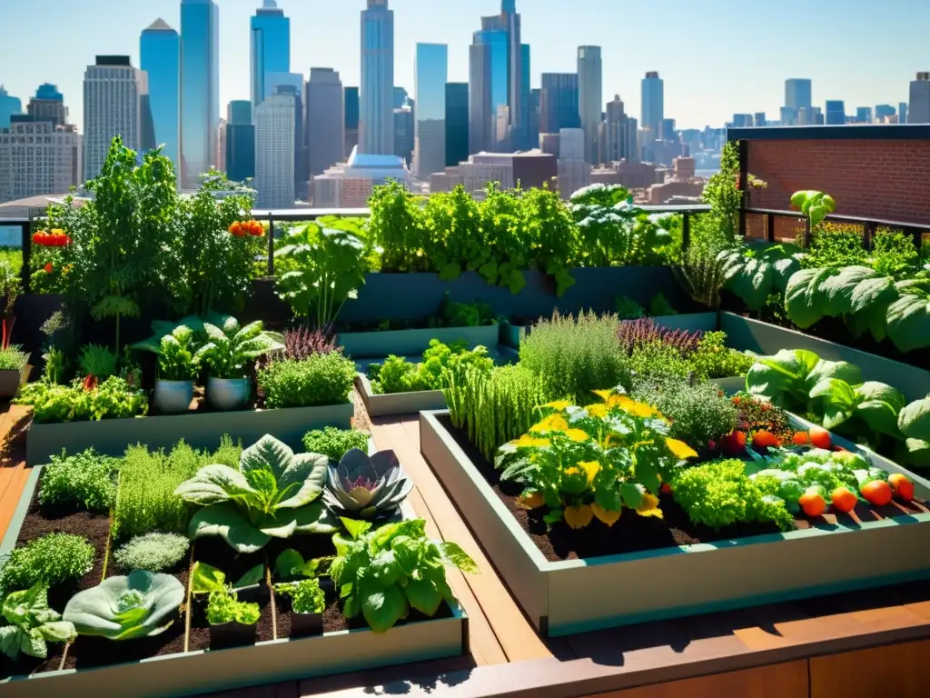 Agricultura orgánica urbana en espacios reducidos: detallada imagen de un jardín en la azotea urbana con plantas vibrantes y skyline al fondo