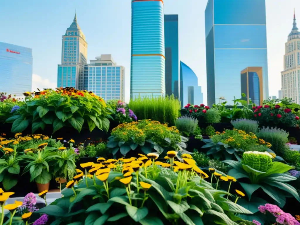 Agricultura urbana orgánica en una bulliciosa azotea con exuberante vegetación y flores coloridas, rodeada de modernos rascacielos