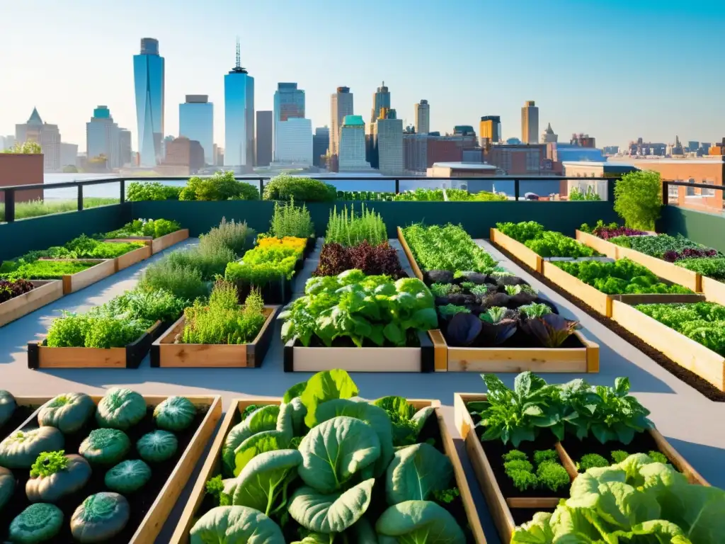 Agricultura urbana orgánica en armonía con la ciudad: huerto en la azotea con vegetales, hierbas y personas compartiendo conocimientos