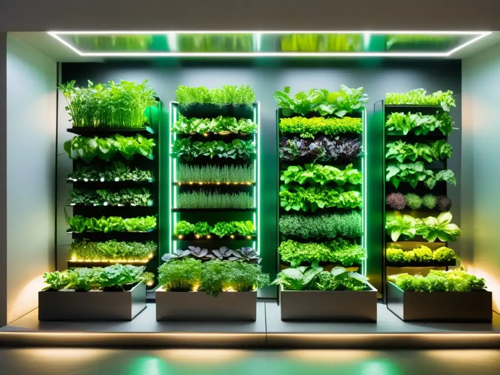 Agricultura vertical urbana cultivos orgánicos: Jardín subterráneo iluminado, plantas vibrantes en modernos cultivos verticales