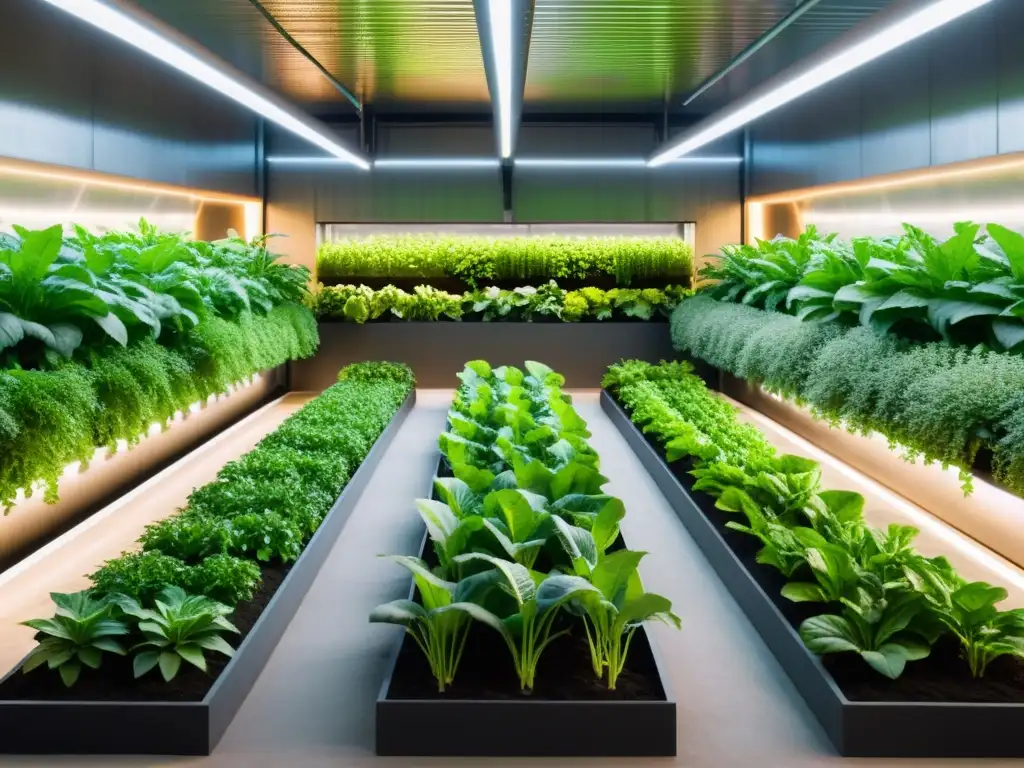 Agricultura vertical urbana: cultivos orgánicos en granja subterránea, iluminados por suaves luces LED, creando una escena cautivadora