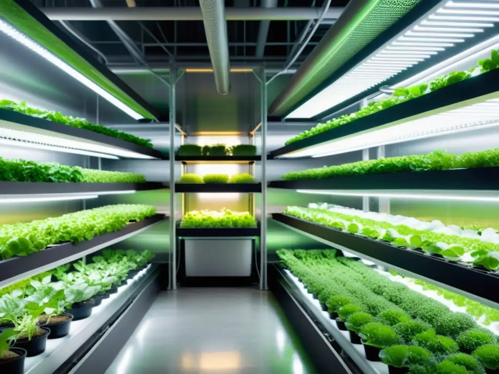 Agricultura vertical urbana con cultivos orgánicos en un invernadero subterráneo iluminado por luces LED