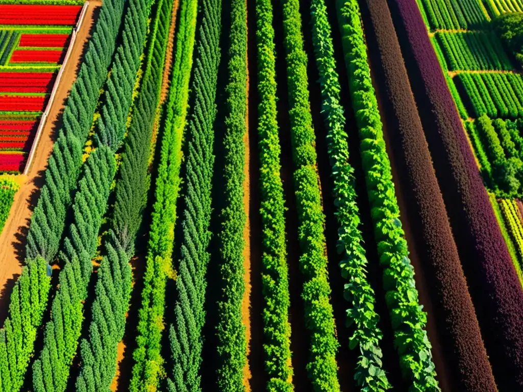 Formación práctica agroecología agricultura: Detalle vibrante de una granja agroecológica diversa, con cultivos orgánicos llenos de vida y color