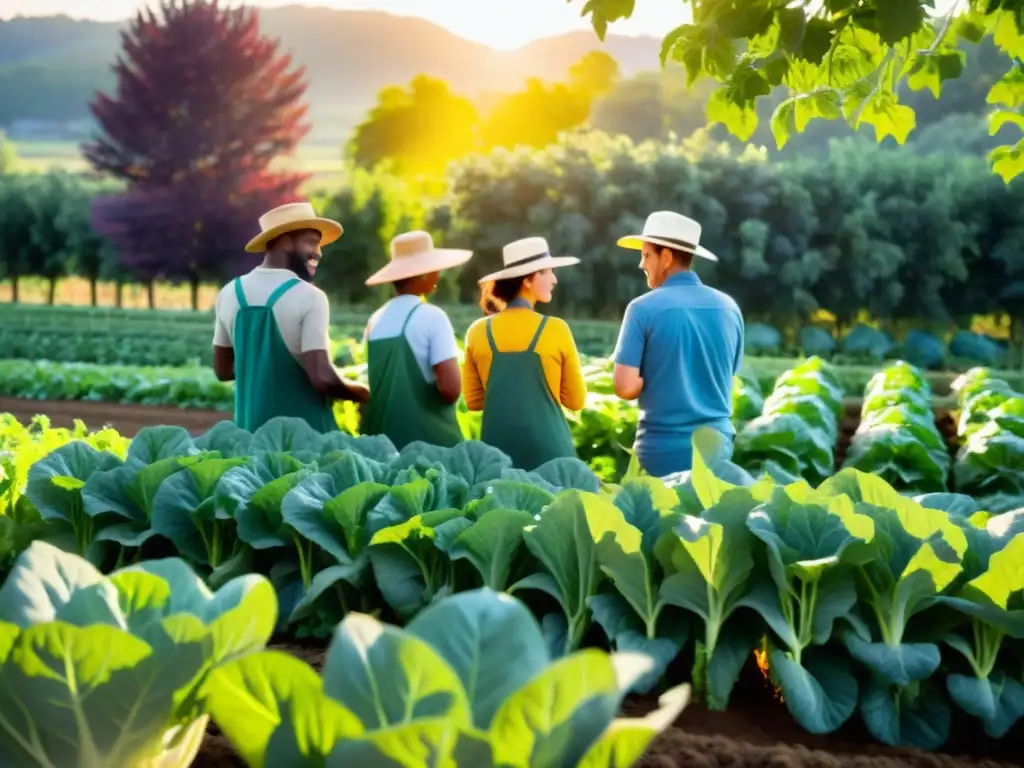 Práctica agroecológica en granja orgánica: agricultores y expertos cuidando cultivos en formación práctica de agroecología y agricultura sostenible