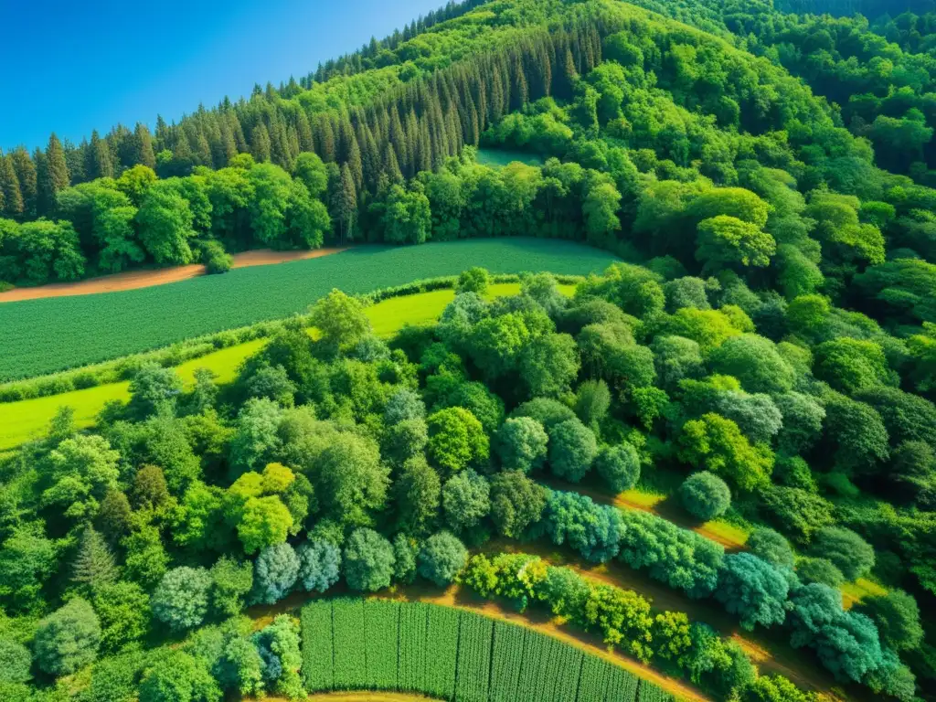 Alianza natural entre reforestación y agricultura orgánica: imagen vibrante de un bosque exuberante entrelazado con una granja orgánica