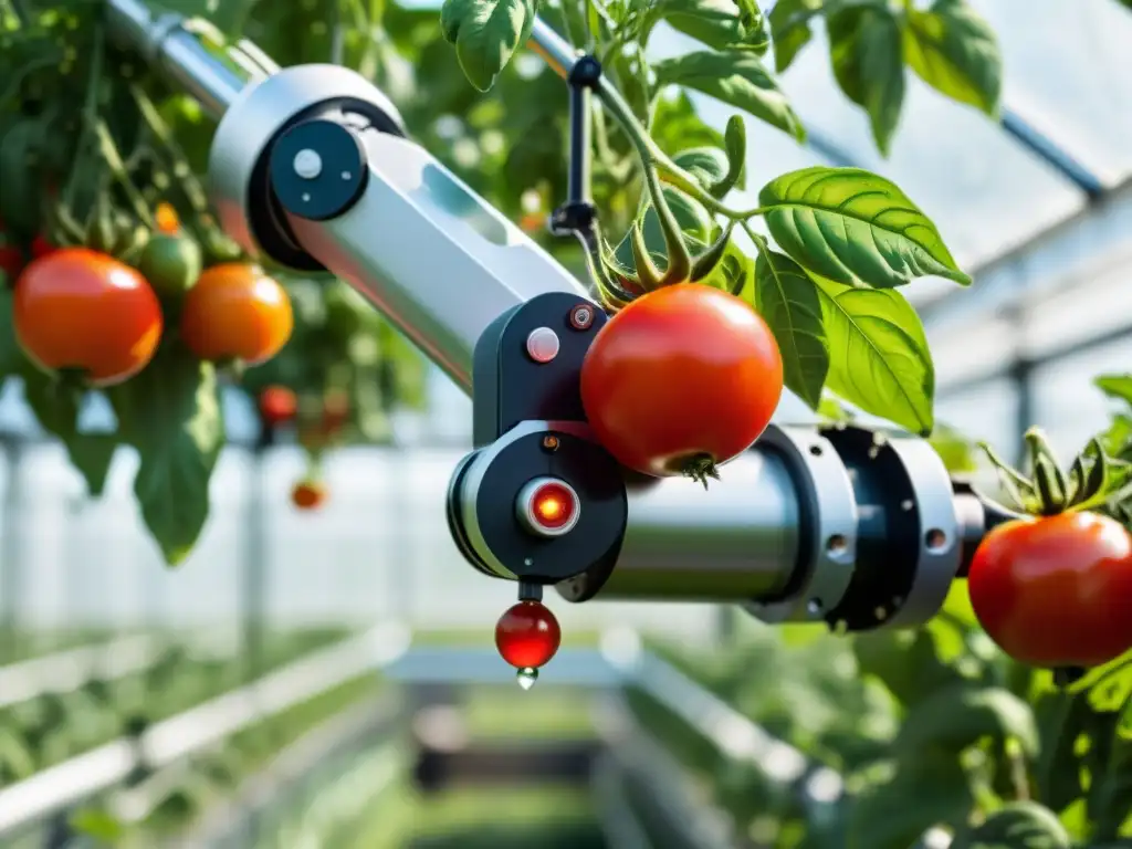 Automatización cosecha alimentos orgánicos: Un brazo robótico de alta tecnología cosecha tomates orgánicos maduros en un invernadero soleado