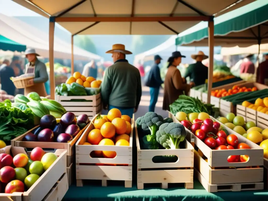 Transformación mercado alimentos orgánicos: Un bullicioso mercado con frutas y verduras orgánicas coloridas en cajas de madera, bañado por la luz del sol y personas explorando los productos frescos