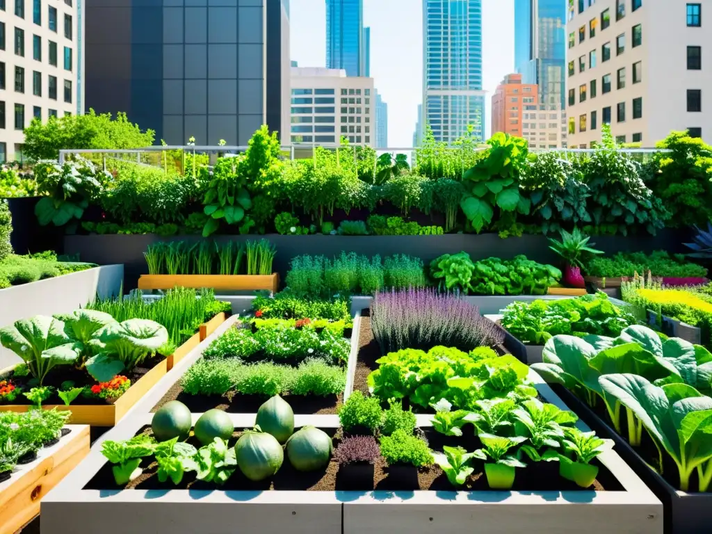 Cultivar alimentos orgánicos en ciudad: un jardín urbano vibrante y detallado, con hortalizas y hierbas verdes en contraste con el entorno urbano