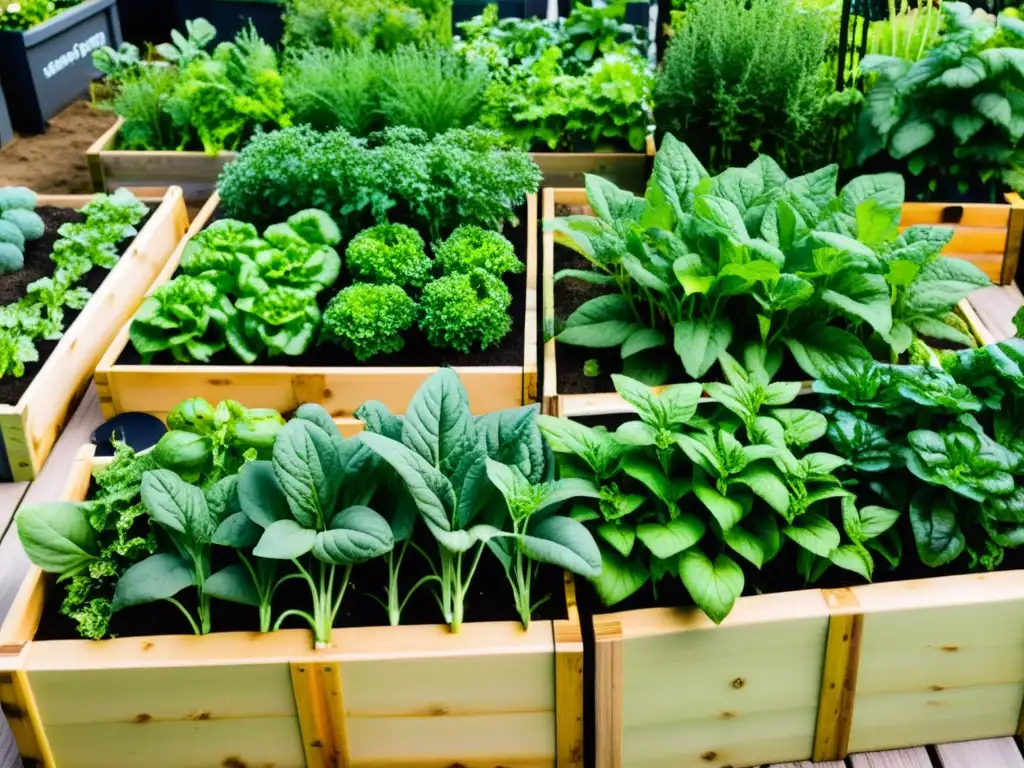 Cultivar alimentos orgánicos en la ciudad: un jardín urbano bien organizado con verduras y hierbas vibrantes y saludables en camas elevadas y contenedores, exudando abundancia y sostenibilidad