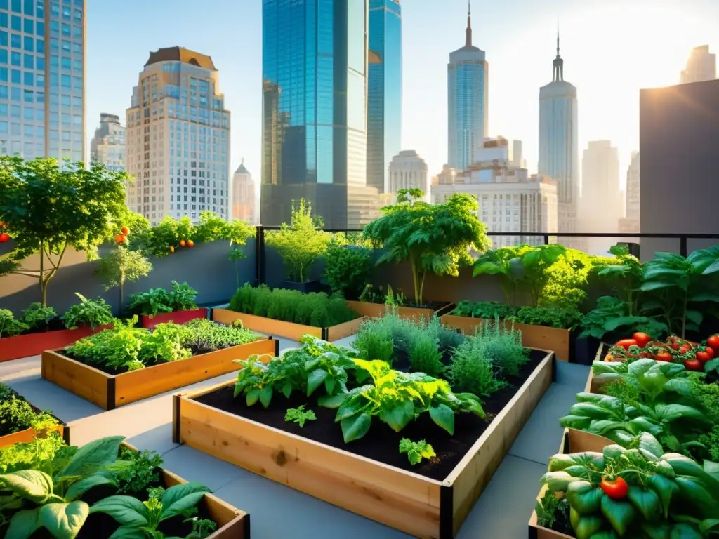 Cultivar alimentos orgánicos en ciudad: Un jardín urbano rebosante de vida entre rascacielos, con plantas frondosas y vibrante luz solar
