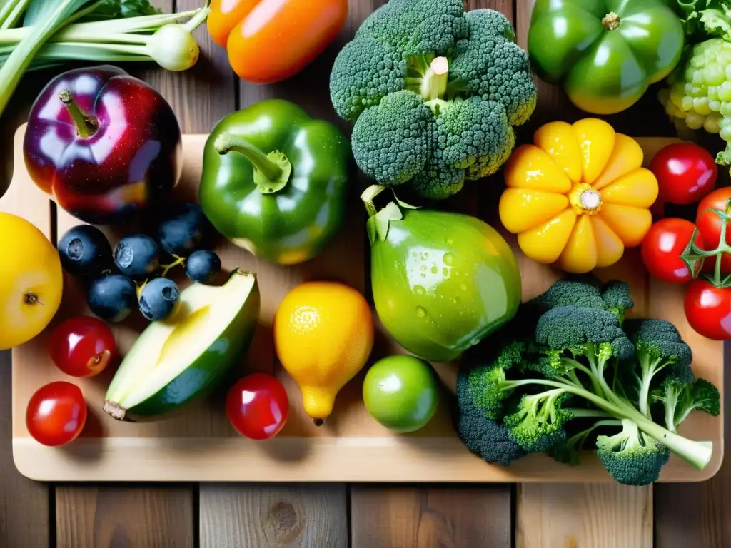 Varios alimentos orgánicos coloridos en tabla de madera, evocando frescura y vitalidad