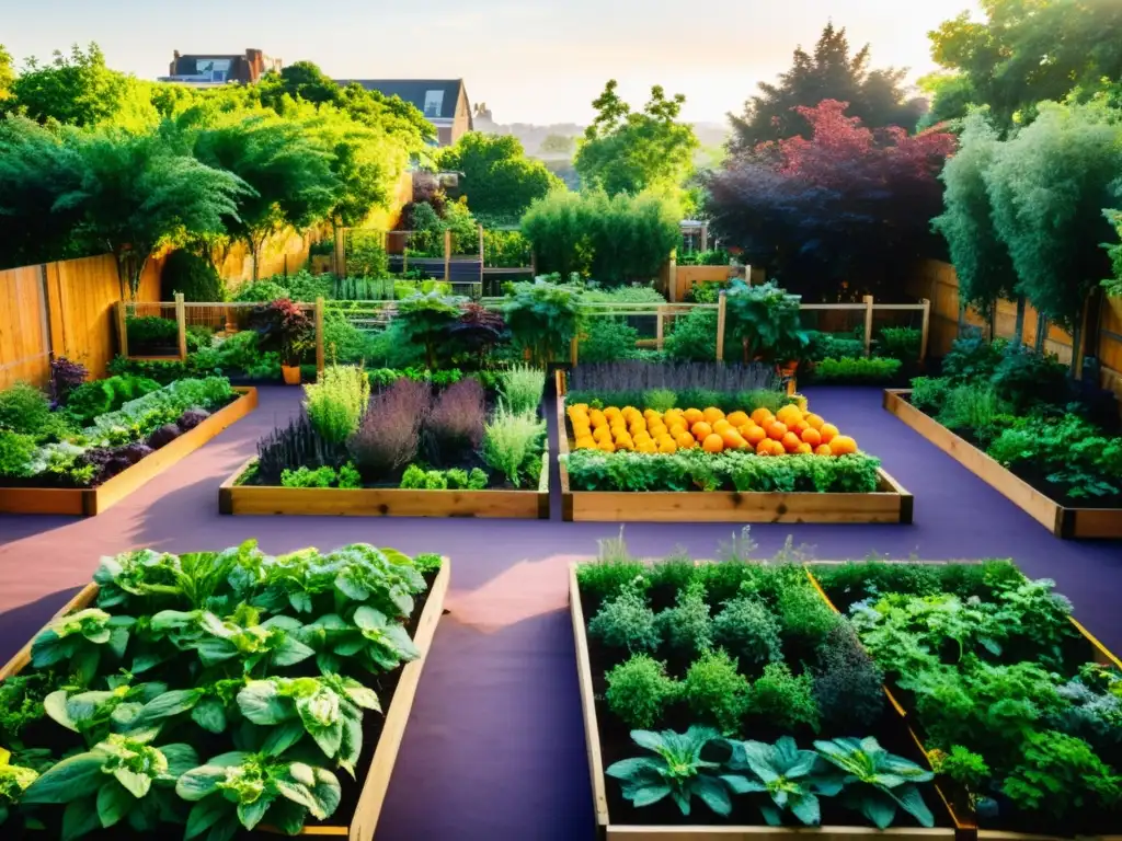 Cultivar alimentos orgánicos en una exuberante y vibrante huerta urbana, llena de frutas, verduras y hierbas