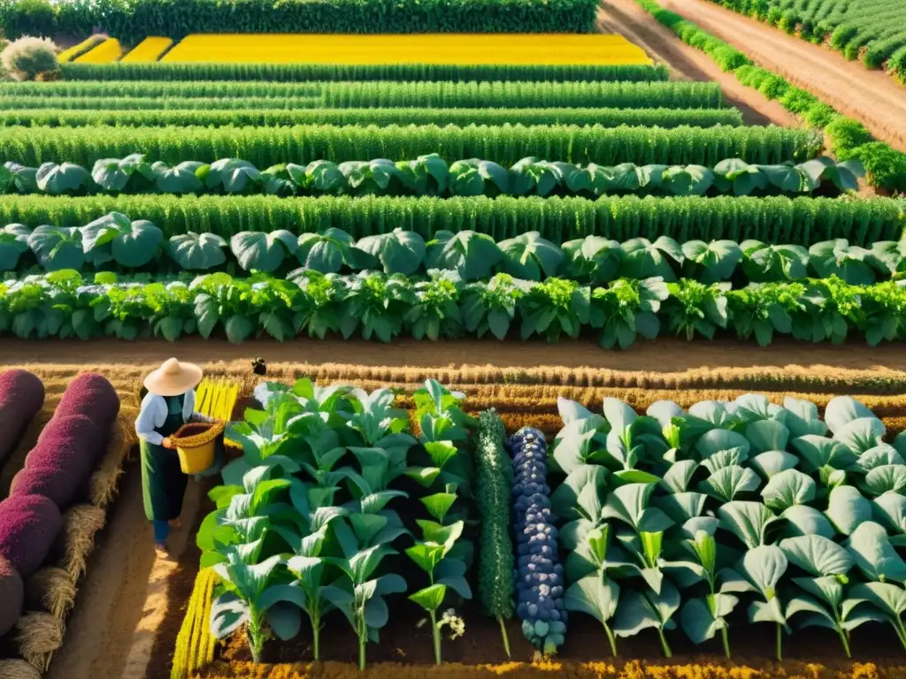 Transformación mercado alimentos orgánicos: Granja orgánica con cultivos ordenados, colores vibrantes, agricultura sostenible al atardecer